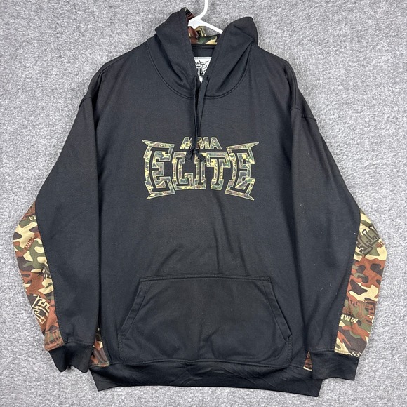 Mma Elite Other - Vintage MMA Elite Hoodie‎ Sweater Mens XL Black Camo Spellout Long Sleeve Y2K